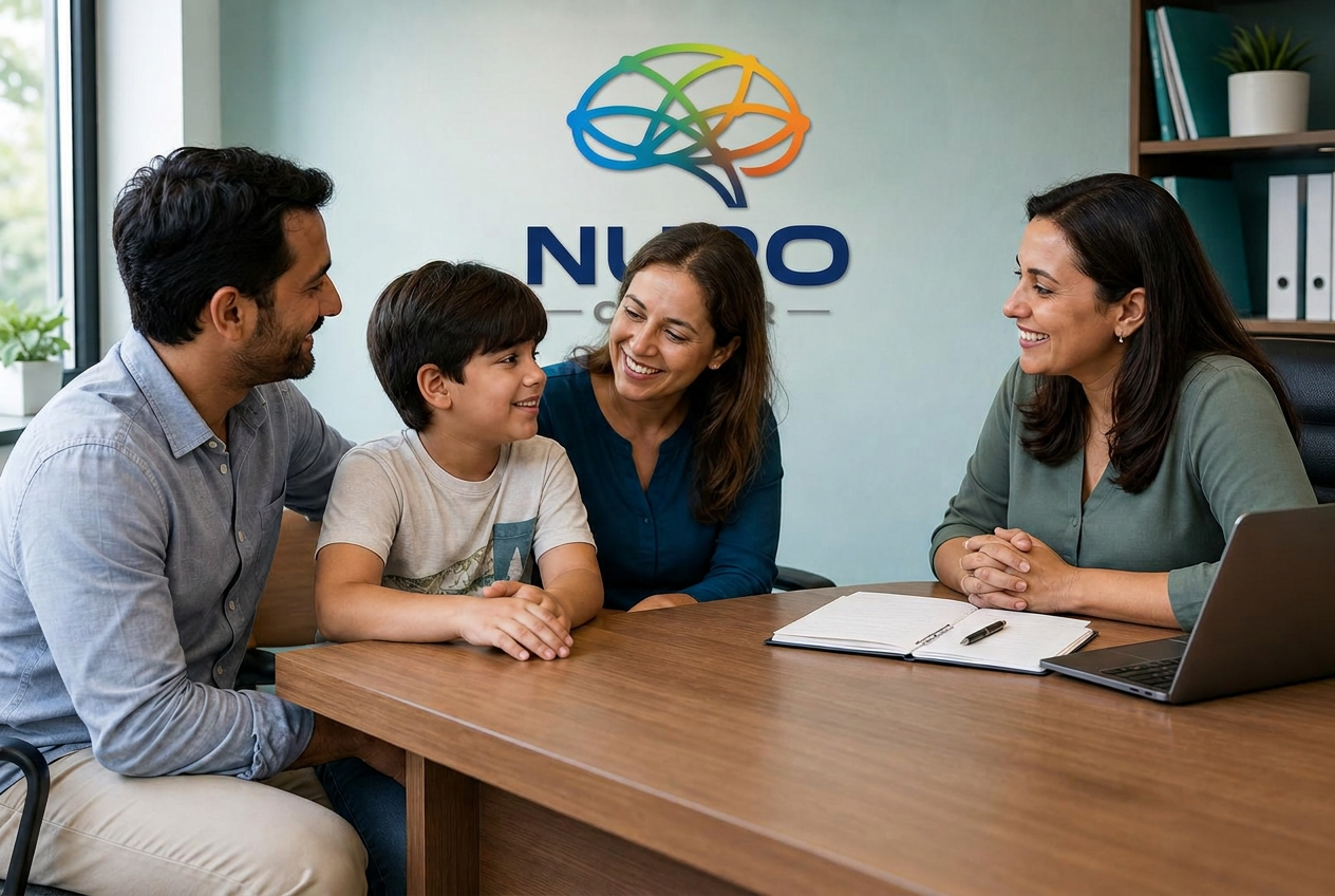 A family with their care team at Nuro Center