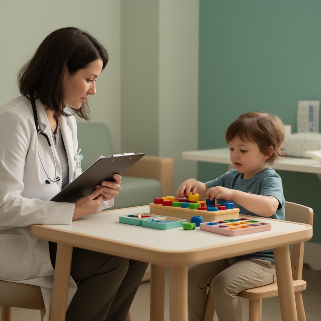 A clinician evaluating a young child during a developmental assessment